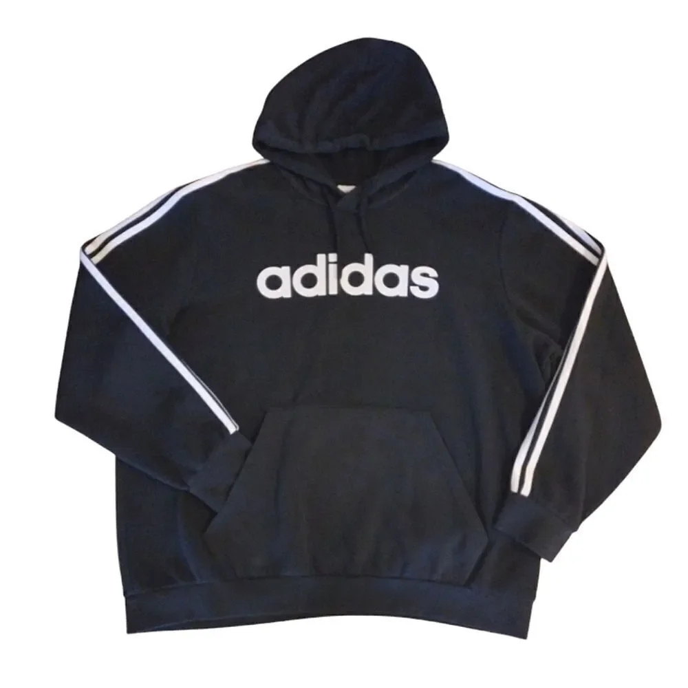 ADIDAS Black White Essentials Three Stripes Logo‎ Pullover Hoodie Men's XXL